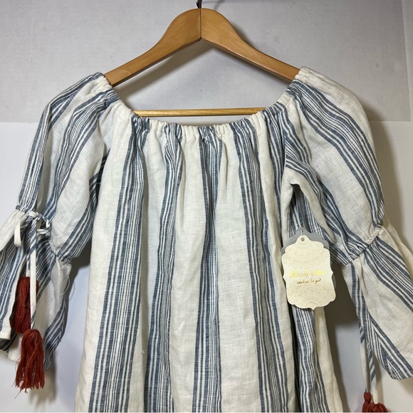 Altar'd State Gretchen Linen Stripe Tassle Off Shoulder Dress SZ S - Picture 3 of 12